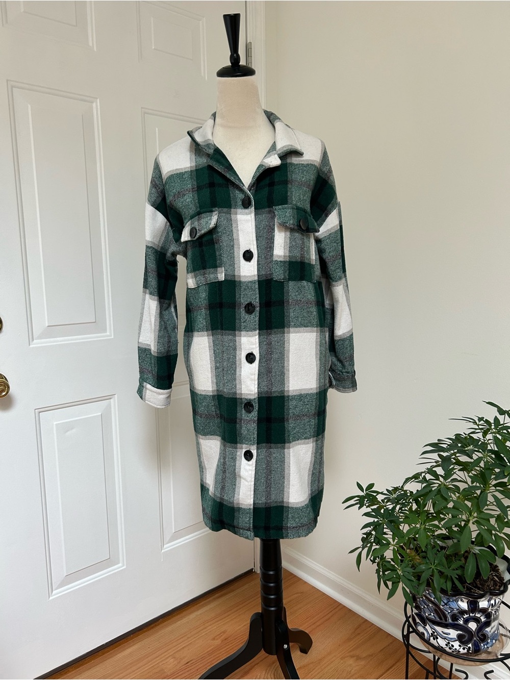 Green and White Plaid Utility Shacket Jacket